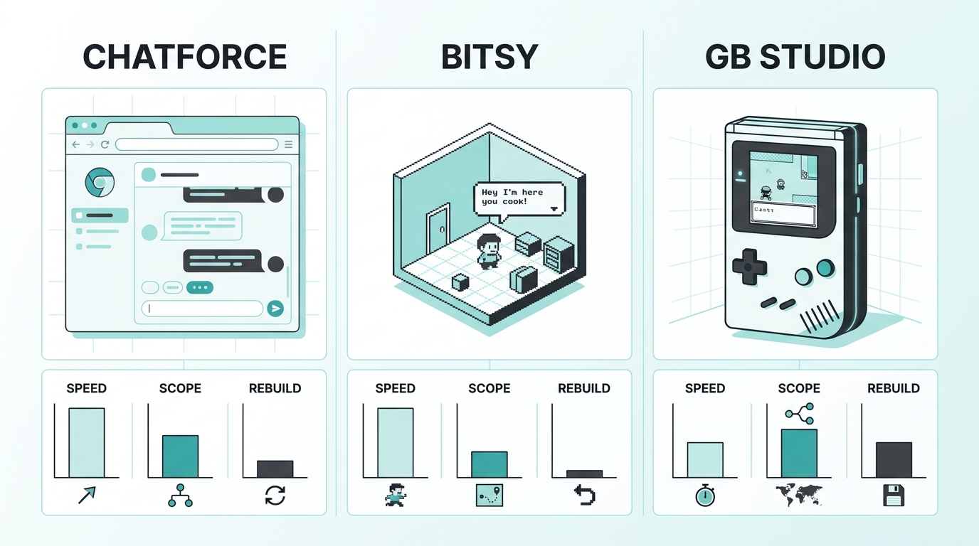 Chatforce vs Bitsy vs GB Studio for Tiny Narrative Games in 2026: Which Tool Finds the Story Loop Fastest?